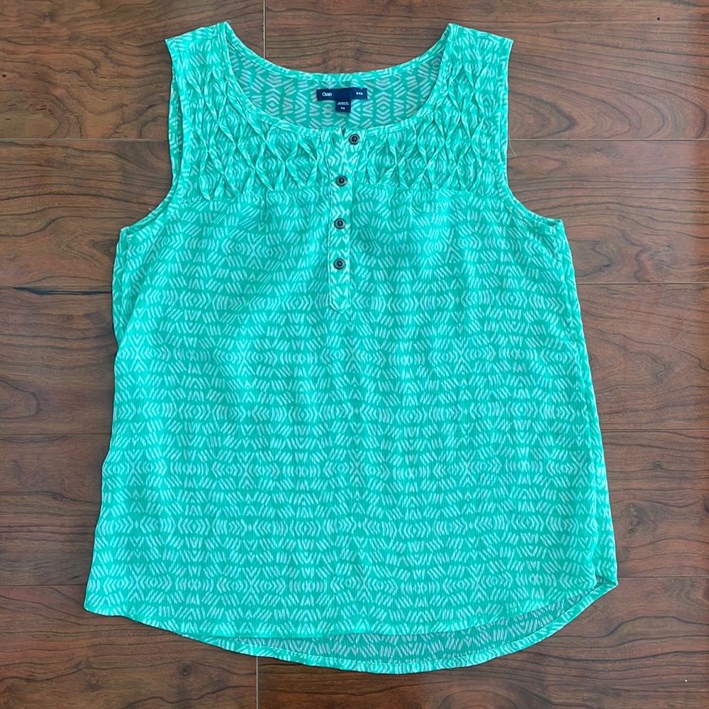 GAP Mint Green Aztec Print Sheer Half Button Down Sleeveless Blouse Top
